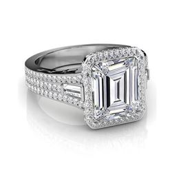 Natural 2.52 CTW Emerald Cut & Baguettes Halo Diamond Engagement Ring 18KT White Gold