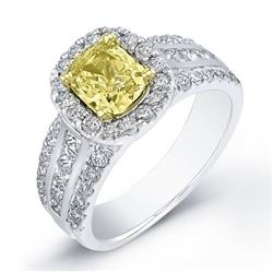 Natural 2.07 CTW Canary Yellow Cushion Cut Diamond Engagement Ring 18KT White Gold