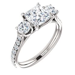 Natural 2.22 CTW 3-Stone princess Cut & Rounds Diamond Ring 18KT White Gold