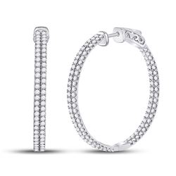 14kt White Gold Womens Round Diamond Double Row Hoop Earrings 2 Cttw