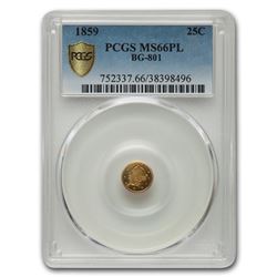 1859 Liberty Round 25 Cent Gold MS-66 PCGS (PL, BG-801)