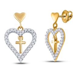 14kt Yellow Gold Womens Round Diamond Heart Cross Dangle Earrings 1/3 Cttw