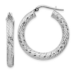 14k White Gold Diamond-cut Round Hoop Earrings - 4x20 mm