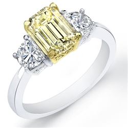 Natural 2.12 CTW Canary Yellow Emerald Cut & Half Moons Diamond Ring 14KT Two-tone