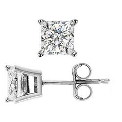 Natural 0.92 CTW Princess Cut Diamond Stud Earrings Basket Setting Push Back or Screw back 14KT Whit