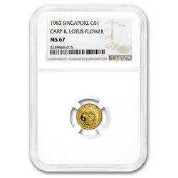 1983 Singapore 1/10 oz Gold $1 Carp & Lotus MS-67 NGC