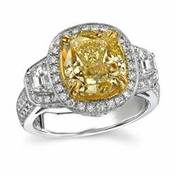 Natural 3.02 CTW Canary Yellow Cushion Cut Diamond Ring 18KT Two-tone