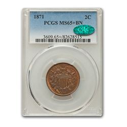 1871 Two Cent Piece MS-65+ PCGS CAC (Brown)