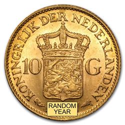 Netherlands Gold 10 Guilders Average Circ