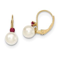 14k 6-6.5 mm Pearl & .10ct. Ruby Leverback Earrings