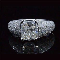 Natural 3.42 CTW Rectangle Cushion Cut Micro Pave Diamond Ring 14KT White Gold