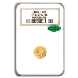 1854 $1 Indian Head Gold Type-II AU-58 NGC CAC