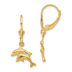 14k Yellow Gold Polished Dolphin Leverback Earrings - 39 mm