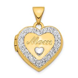 14k w/ White Rhodium Crystal Mom Heart Locket Pendant - 21 mm