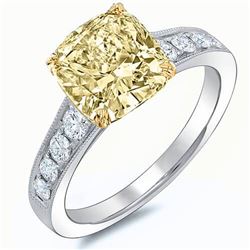 Natural 2.12 CTW Canary Yellow Cushion Cut Diamond Solitaire 18KT White Gold