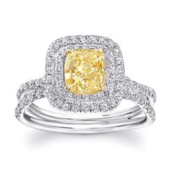 Natural 2.87 CTW Double Halo Canary Light Yellow Cushion Cut Diamond Ring 18KT Two-tone