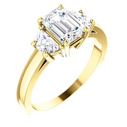 Natural 1.72 CTW 3-Stone Emerald Cut & Half Moons Diamond Ring 14KT Yellow Gold