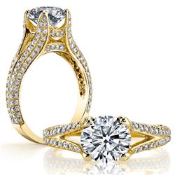Natural 2.32 CTW Round Cut Split Shank Pave Diamond Ring 14KT Yellow Gold