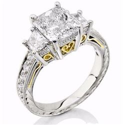 Natural 2.72 CTW Radiant Cut & Trapezoids Diamond Ring 18KT Two- tone