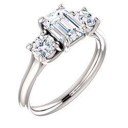Natural 1.52 CTW 3-Stone Emerald Cut & Rounds Diamond Engagement Ring 18KT White Gold