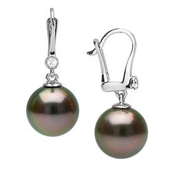 Black Tahitian Pearl and Diamond Bezel Dangle Earrings