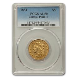 1834 $5 Gold Classic Head Half Eagle AU-50 PCGS (Plain 4)