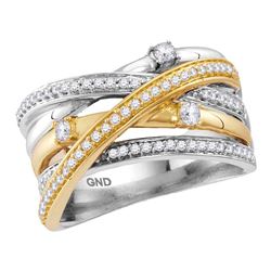 14kt Two-tone White Yellow Gold Womens Round Diamond Crossover Band Ring 1/2 Cttw