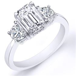 Natural 2.42 CTW 3-Stone Emerald Cut & Half Moons Diamond Ring 18KT White Gold