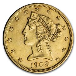 1908 $5 Liberty Gold Half Eagle AU