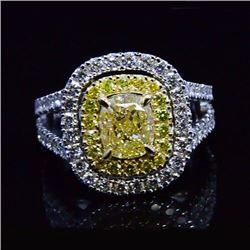 Natural 1.92 CTW Canary Yellow Double Halo Cushion Cut Diamond Ring 18KT Two-tone