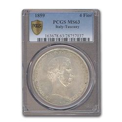 1859 Italy 4 Fiorini Tuscany Leopold II MS-63 PCGS