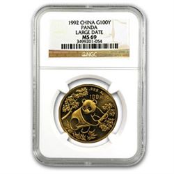 1992 China 1 oz Gold Panda Large Date MS-69 NGC