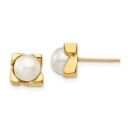 14k Yellow Gold White Button Pearl Post Earrings - 6-7 mm