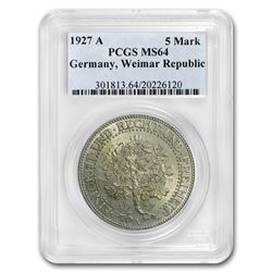 1927-A Germany Silver 5 Mark Oak Tree MS-64 PCGS