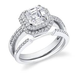 Natural 1.53 CTW Halo Asscher Cut Diamond Engagement Set 14KT White Gold