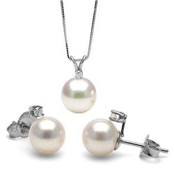 White Akoya Pearl and Diamond Radiance Pendant and Earring Set 7.0-7.5mm