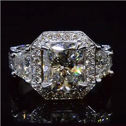 Natural 3.52 CTW Unique Halo Cushion Cut & Half Moons Diamond Ring 18KT White Gold