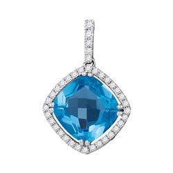 14kt White Gold Womens Cushion Blue Topaz Diamond Square Solitaire Pendant 3-1/2 Cttw