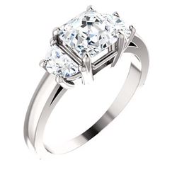 Natural 2.82 CTW Asscher Cut with Half Moons 3-Stone Diamond Ring 14KT White Gold