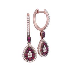 18kt Rose Gold Womens Round Ruby Diamond Teardrop Dangle Earrings 7/8 Cttw