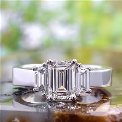 Natural 2.62 CTW Emerald Cut & Trapezoids 3-Stone Diamond Ring 14KT White Gold