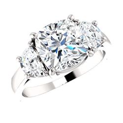 Natural 3.32 CTW Cushion Cut & Half Moons 3-stone Diamond Ring 18KT White Gold