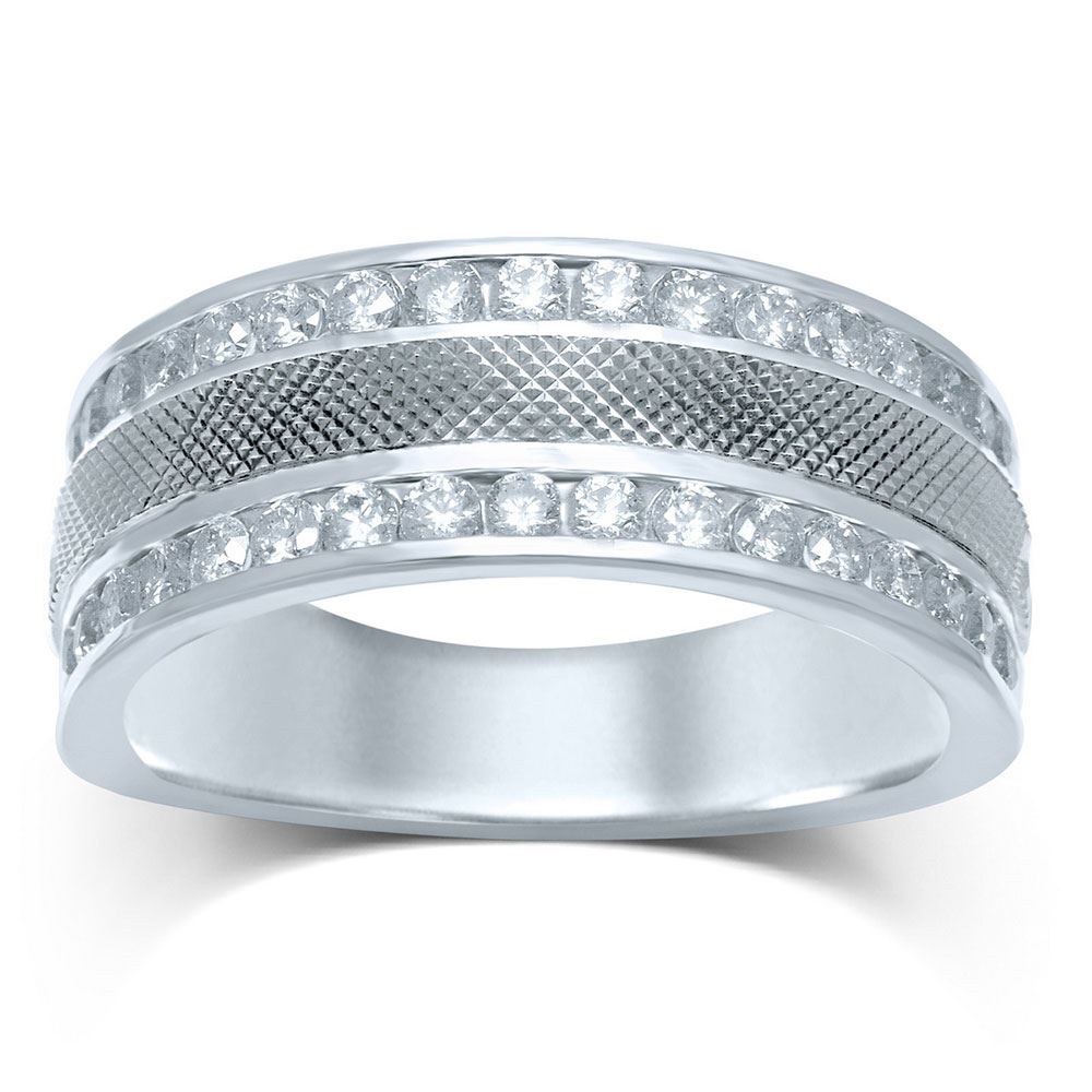 14kt White Gold Mens Round Diamond Double Row Textured Wedding Band ...
