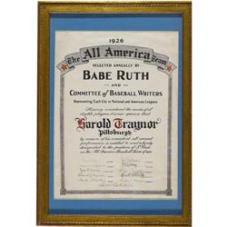 1926 Pie Traynor All America Team Certificate Si