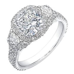 Natural 3.92 CTW Halo Cushion Cut & Trapezoids Diamond Engagement Ring 14KT White Gold