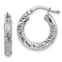 14k White Gold Diamond-cut Round Hoop Earrings - 10 mm