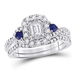 14kt White Gold Emerald Diamond Bridal Wedding Ring Band Set 3/4 Cttw