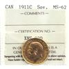 Image 1 : 1911-C Canada Gold Sovereign ICCS Certified MS-62. Coin is 22K and contains 0.2354oz fine gold.