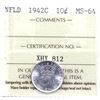 Image 1 : Newfoundland 10-cent 1942C ICCS Certified MS-64. Frosted white coin.