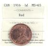 Image 1 : 1-cent 1916 ICCS Certified MS-65 Red. Strong strike details and consistent natural red tones.